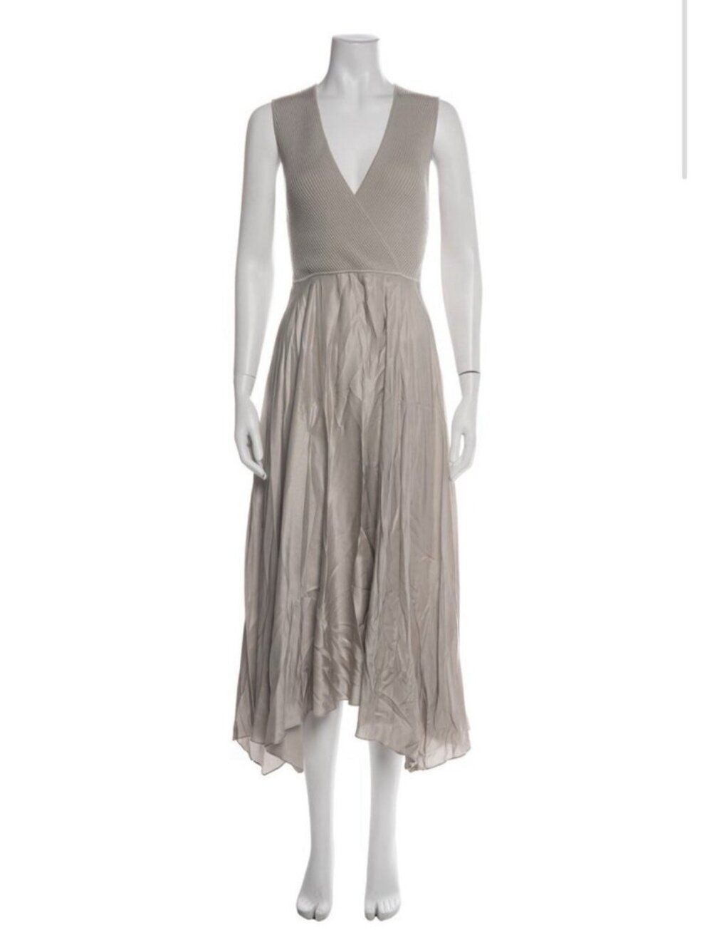 Theory Authentic Solid Gray Knit Satin V Neck Tank Midi Dress Small